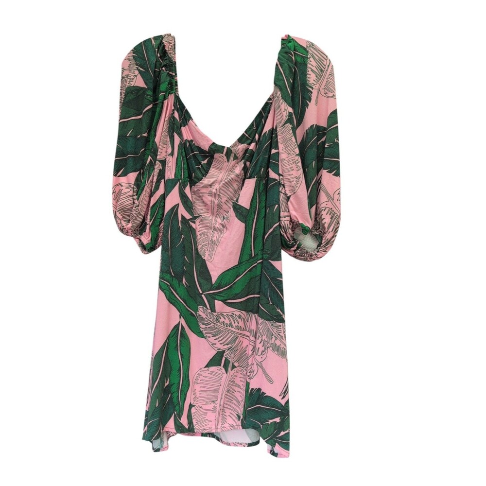 LexBreezy Hawaii Pink Green Tropical Leaf Puff Sleeve Lace Up Mini Dress 1X